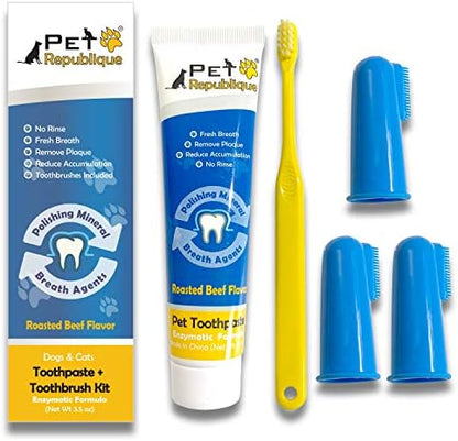 Pet Republique Enzymatic Dog Toothpaste Kit with Finger Toothbrushes Cats and Dogs Dental Cleaning Kit - 3.5 oz Beef Flavor Toothpaste, 3 Silicon Finger Toothbrushes, 1 Mini Handle Toothbrush by Pet+Republique