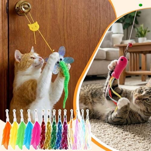 60 Pcs Cat Wand Feather Toy Refills Colorful Replacement Feather Attachments with Bell Natural Fit Cat Toy Universal Interactive Fishing Pole Teaser Attachment for Indoor Kitten(Feather-mix) - Image 6