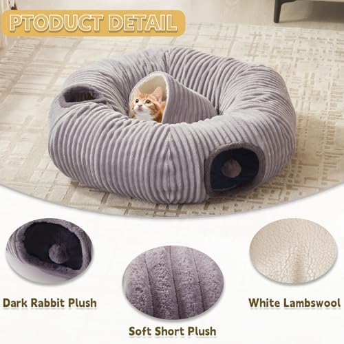 Cat Tunnel Bed for Indoor Cats - Cute Cat Donut Tunnel with Washable Circle Cushion and Blackout Tent Round Pet Play Toy for Kitten/Puppy/Rabbit, Grey - Image 5