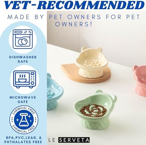 Winnie The Pooh Series Ceramic Slow Feeder Cat Bowl, Raised Anti-Gulping Design with Bear Ears, Pastel Colors, Quilted Pattern Base (Blue) - Image 5
