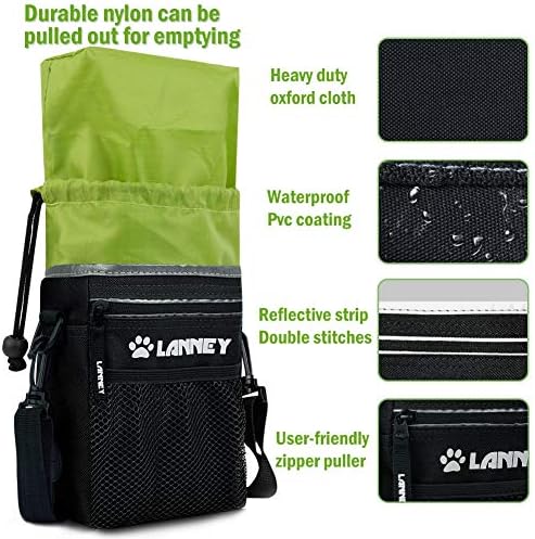 Dog Treat Pouch Pet Training Bag for Small to Large Dogs, Treat Tote Carry Kibble Snacks Toys for Training Reward Walking, Metal Clip, Waist belt, Shoulder Strap, Poop Bag Dispenser, Black with Green - Image 2