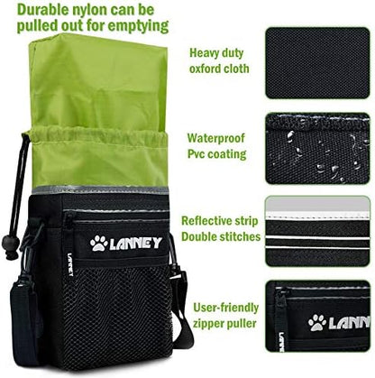 Dog Treat Pouch Pet Training Bag for Small to Large Dogs, Treat Tote Carry Kibble Snacks Toys for Training Reward Walking, Metal Clip, Waist belt, Shoulder Strap, Poop Bag Dispenser, Black with Green - Image 2