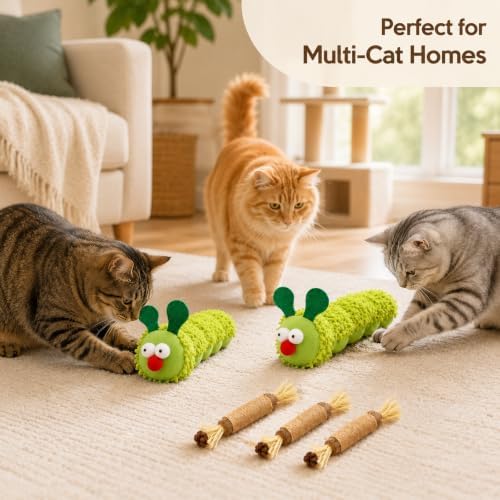 5-Piece Catnip Cat Toy Set with Plush Caterpillars & Silvervine Sticks - Image 2