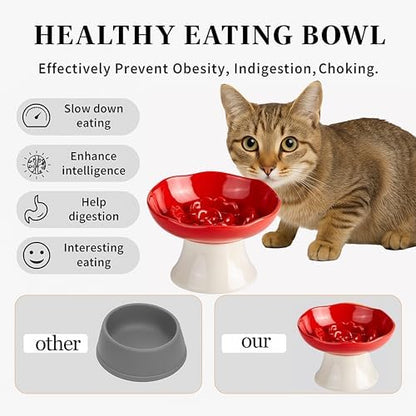 Ceramic Slow Feeder Bowl for Cats and Small Dogs, Elevated Tilted Pet Food Dish, Whisker Friendly Anti-Vomit Design, Heavy Stable Base, Dishwasher Safe， 5 Colors Options (Ruby Red) - Image 4
