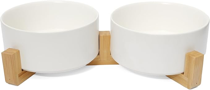 Dog Food Bowl, 28.7 oz Ceramic Modern Design, Dog Water and Food Bowl with Wood Stand, for Puppy & Cat, Non-Slip Feeding Station with Weighted Base, White