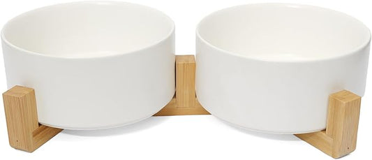 Dog Food Bowl, 28.7 oz Ceramic Modern Design, Dog Water and Food Bowl with Wood Stand, for Puppy & Cat, Non-Slip Feeding Station with Weighted Base, White