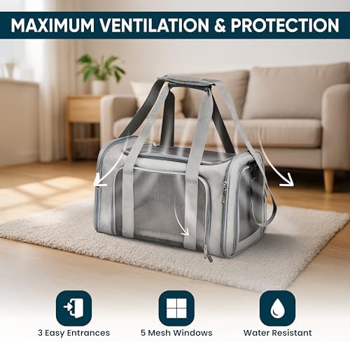 Pet Travel Carrier Bag – Airline Approved Soft-Sided Dog & Cat Carrier, Foldable, Breathable Mesh, Washable Pad – Fits Pets up to 15 lbs – The Pup Quartet (Grey) - Image 4