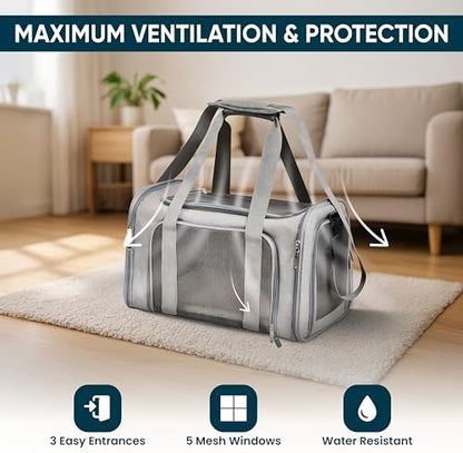 Pet Travel Carrier Bag – Airline Approved Soft-Sided Dog & Cat Carrier, Foldable, Breathable Mesh, Washable Pad – Fits Pets up to 15 lbs – The Pup Quartet (Grey) - Image 4