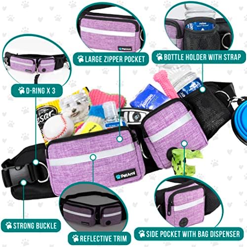 PetAmi Hands Free Dog Leash, Running Leash Belt Bag for Walking, Jogging, Waist Double Zipper Pouch with Poop Dispenser, Dual Padded Handles Reflective Bungee Double, Purple, 2 Leashes - Image 3