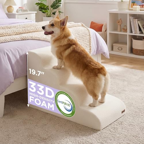 Lesure Dog Stairs for Small Dogs, Beige, 4 Step Pet Ramp for Bed and Couch by Lesure