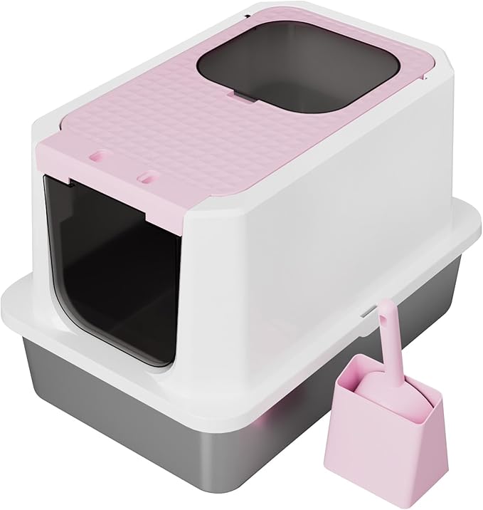 RIZZARI Enclosed Cat Litter Box: Extra Large Pink Litter Pan with Top Exit & Anti-Leak Design - Teflon Non-Stick Coating Stainless Steel Cleaning - Odor-Control in Garage Utility Room