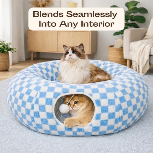 Meowfia Indoor Cat Tunnel with Donut Bed - Large Flexible Play Space for Multiple Pets - Circle or Snake Shape, Cozy Lounge (Azure Check) - Image 4
