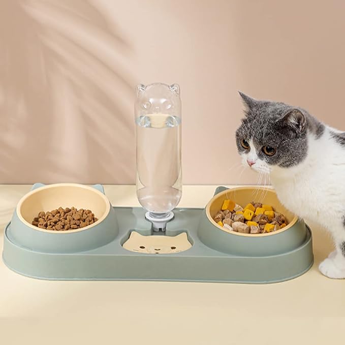 Triple Cat Food Bowls with Water Dispenser, Plastic Raised Cat Dishes, Automatic 3 in 1 Pet Bowls, 2 Food Bowls and Water Feeder Set, Wet and Dry Food Bowl Set for Cats Puppy Small Dogs (Dark Green)