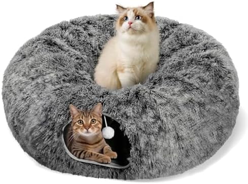 Cat Tunnel Bed for Indoor Cats, Peekaboo Cat Cave with Washable Soft Play Mat, Furry Cat Tube, for Kitten/Puppy/Rabbit, Black by Baseola
