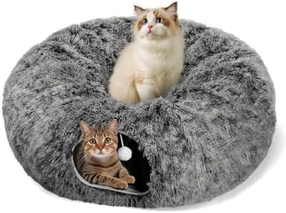 Cat Tunnel Bed for Indoor Cats, Peekaboo Cat Cave with Washable Soft Play Mat, Furry Cat Tube, for Kitten/Puppy/Rabbit, Black by Baseola