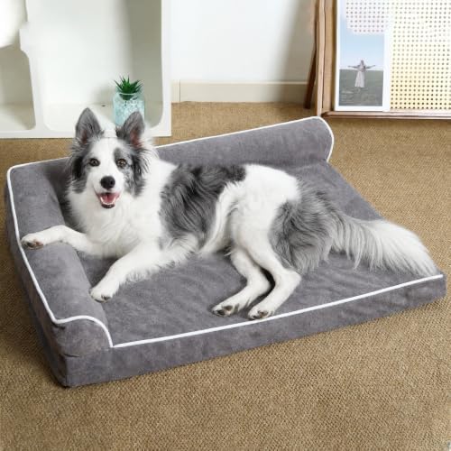 Orthopedic Dog Bed with Pillow L-Shape Dog Sofa for Large Medium Dogs, Dogs Couch with Removable Washable Cover, Pet Bed with Nonskid Bottom(Grey, Medium(30x20in)) by WARFORT