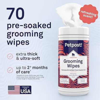 Petpost Large Grooming Wipes for Dogs | 70 Count Deodorizing Dog Cleaning Wipes with Coconut Extract & Aloe | Gentle Pet Wipes with Cherry Blossom Scent for Full-Body Grooming - Image 6