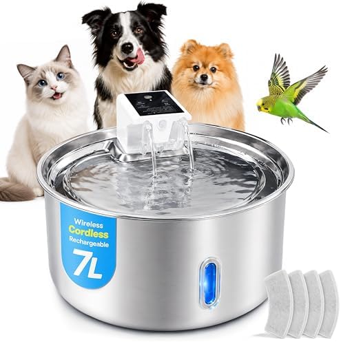 7L Cordless Dog Water Fountain, Wireless Battery Powered Stainless Steel Pet Fountain for LargeDogs & Multi-Pet Homes, 5000mAh 30-Day Battery, Ultra Quiet <30dB, 3 Modes, 4 Filters Included by Hululu