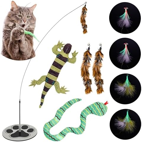 Interactive Cat Toys for Indoor Cats - Glow in Dark Octopus - XL Snake And Lizard Chew Toy - Round Base Teaser Wand - Bored Adult Feline Hunting Enrichment - Self Play Kitten Juguetes para Gatos by GADGETSOLOGY