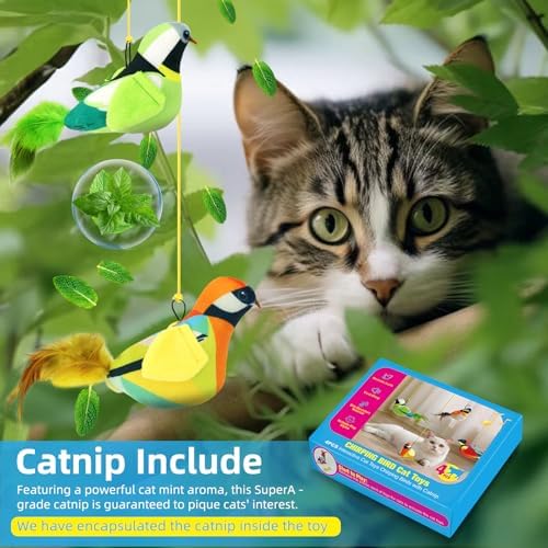 4PCS Interactive Hanging Bird Cat Toys Set - with Catnip, Realistic Chirping, Lifelike Birdie Tweets, Durable & Safe, Indoor Kitty Kitten Exercise Toys (Mini) - Image 4