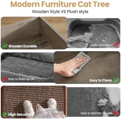 Modern Wood Cat Tree Tower for Indoor Large Adult Cats with Big Perch Bed - Image 5