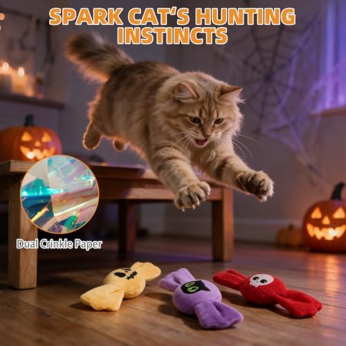 KOOLTAIL 3 Pack Halloween Catnip Toys, Candy Shaped Filled Plush Crinkle Interactive Chew Toys with Spooky Pumpkin Skull Patterns for Indoor Cats Kittens, Boredom Relief Holiday Pet Play Gifts - Image 5