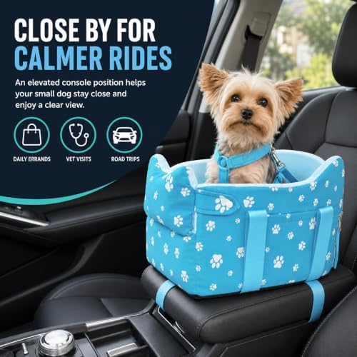 Center Console Dog Car Seat for Small Dogs Under 15lbs,Detachable Washable Booster Pet Car Seat Travel Bed with Storage Pockets and Seat Belt(Blue) - Image 2
