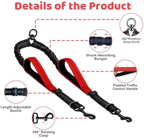 Double Dog Leash - No Tangle Splitter for Two Dogs, Coupler with Adjustable Long Lead Rope, Dual Control Handles, Retractable No Pull Bungee, Walk Train Small Medium Large 2 Pets (Red) - Image 3