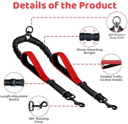 Double Dog Leash - No Tangle Splitter for Two Dogs, Coupler with Adjustable Long Lead Rope, Dual Control Handles, Retractable No Pull Bungee, Walk Train Small Medium Large 2 Pets (Red) - Image 3