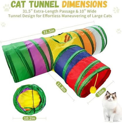 Cat Tunnel,Cat Tunnels for Indoor Cats Interactive, Pet Tunnel Toys for Cats Kitten Rabbits,3 Way Collapsible,Rainbow L 32" T Shape - Image 3