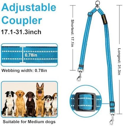 MingXpet Double Dog Leash for Two Dogs, No Pull Dog Leash, 360° Swivel No Tangle for Medium Dogs Walking & Training, Shock Absorbing Reflective Bungee, Blue - Image 2