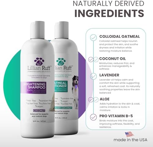 Lillian Ruff Brightening Shampoo & Oatmeal Conditioner Set for Dogs – Safe for Cats - Tear Free Coconut Scent with Aloe for Normal, Dry & Sensitive Skin - Image 5
