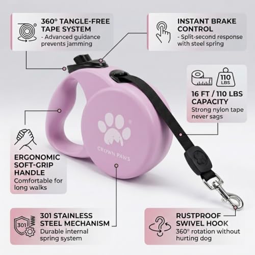 Chew Proof Retractable Dog Leash for Large Dogs, 16ft Heavy Duty Dog Lead with Anti-Chewing Steel Wire Rope, Tangle-Free 360° Swivel, One-Hand Brake & Lock, Pink L - Image 3