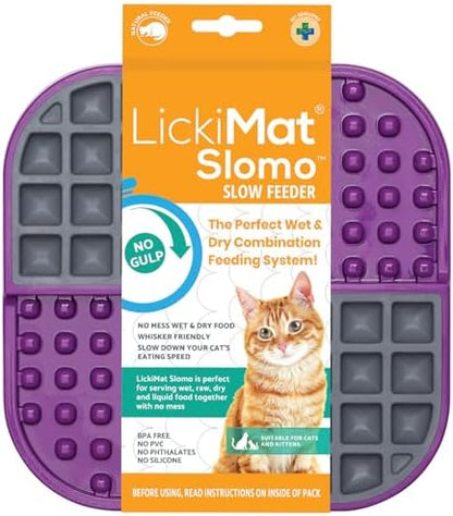 LickiMat Slomo, Cat Slow Feeder Lick Mat, Boredom Anxiety Reducer; Perfect for Food, Treats, Yogurt, or Peanut Butter. Fun Alternative to a Slow Feed Cat Bowl or Dish, Purple by LICKIMAT