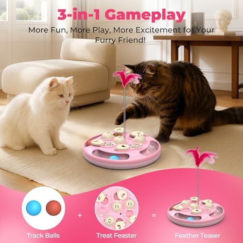 3 in 1 Cat Treat Puzzle Feeder, Level 3 Interactive Cat Puzzle Toy with Track Balls, Feather Teaser & Slow Feeder Insert, Non-Slip Base, Mental Stimulation for Bored Indoor Cats, Pink - Image 3
