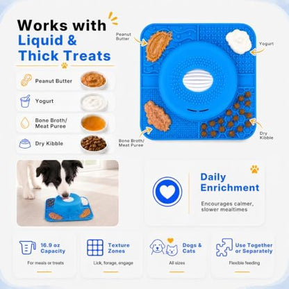 2-in-1 Slow Feeder Dog Bowl, Rolling Ball & Lick Mat, Large Blue - Image 3