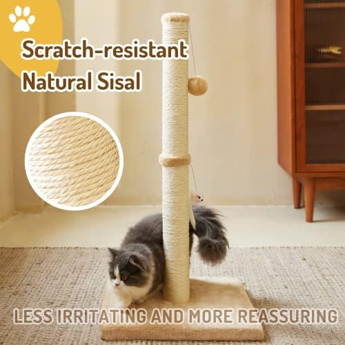 MeowHomm 32” Tall Cat Scratching Posts for Indoor Cats Adults with 2 Hanging Ball, Large Cat Scratch Post Cat Scratcher Includes Sisal Rope(Yellow) - Image 3