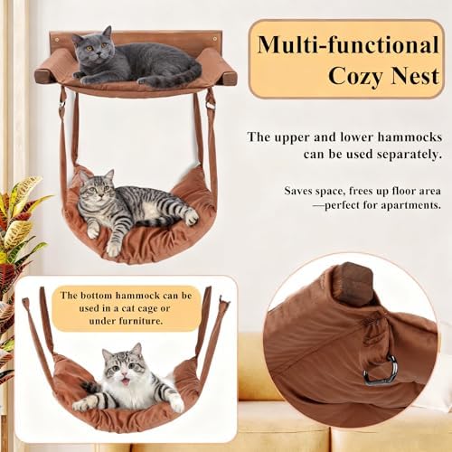 JSPYFITS Wooden Cat Furniture Wall Mounted, Double Layer Hammock, Large Size 18.9″ Removable Multi-Function Cat Bed for Sleep/Play/Climb, Kitten Window Perch, Easy DIY Installation(Brown) - Image 3
