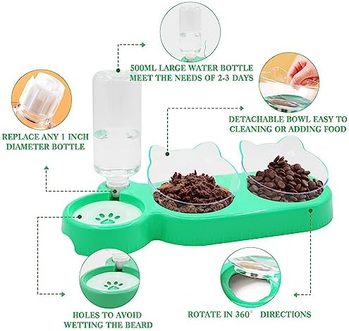 Triple Cat Bowls - 15 Tilt 3-in-1 Water Feeder Bowls with Automatic Water Bottle, Whisker Friendly Elevated Feeding Dishes for Small Cats and Puppies (Mint Green) - Image 3