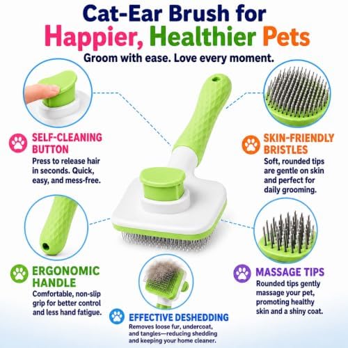 Versatile Pet Grooming Brush and Deshedding Tool - Gently Removes Loose Undercoat for Cats and Dogs, Suitable for Pet Massage (Green Light) - Image 3