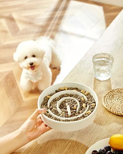 Ceramic Slow Feeder Dog Bowls, 2.0 Cups Slow Feeder for Medium Dogs, Puzzle Maze Bowl to Slow Down Eating, 30oz, 8in, White - Image 2