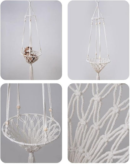 Cat Hammock Bed, 12x43Inch Handwoven Hanging Boho Cat Bed with Hanging Kit for Indoor Outdoor Home Decor Ceiling Swing for Playing Sleeping Climbing and Lounging, Wall Furniture (Round+Pad)