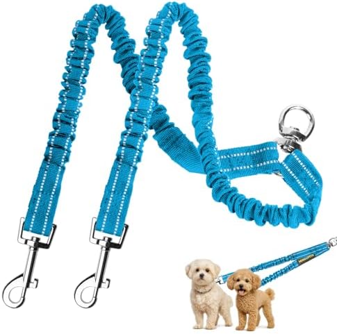 MingXpet 2 Dog Leash, Dog Leash for 2 Dogs, 360° Swivel No Tangle Double Walking Training Leashes for Small Dogs, Comfortable Shock Absorbing Reflective Bungee, Blue by MingXpets