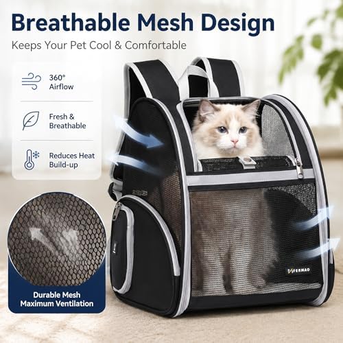 Cat Backpack Carrier for Small Dogs and Medium cat Puppy Kitten Bunny Pet Carrier Backpack Collapsible with Fully Ventilated Mesh with Safety Leash (Black, 12.9" L x 10.62" W x 15.5" H - M) - Image 2