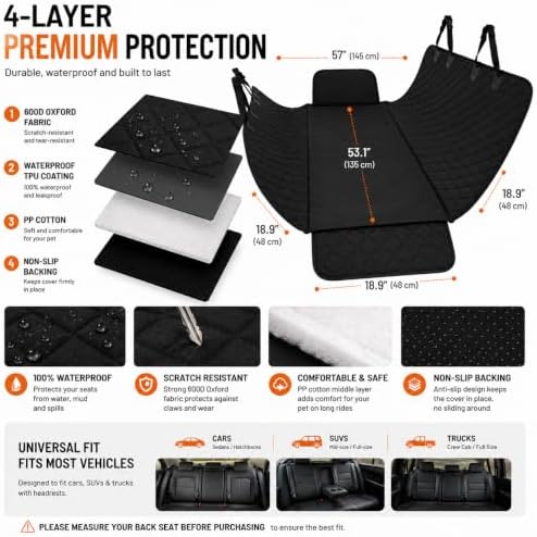 Back Seat Cover for Dogs, Dog Car Seat Cover, 100% Waterproof Dog Hammock with Side Flaps, Non-Slip Pet Seat Protector, Heavy Duty Oxford Fabric, Fits Cars, SUVs & Trucks - Image 4