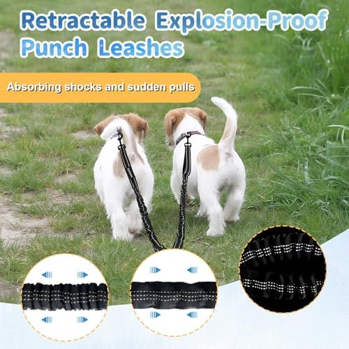 Double Dogs Leash - Removable Main Lead Rope with Splitter, No Tangle 2 Dog Coupler, Reflective No Pull Bungee, 3 Handle, D-Ring, Extra Long for Walk Train Medium Large Two Pet (Black) - Image 5