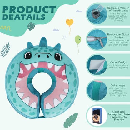 IEUUMLER Inflatable Recovery Dog Collar, Protective Donut Cone, Adjustable Soft Collar for Dog and Cat After Surgery Prevent from Biting & Scratching EU002 - Teal Dinosaur L+ - Image 2