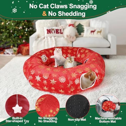 Cat Tunnel Bed for Indoor Cats, XL Christmas Tree Skirts Washable Warm Soft Indoor Cat Donut Tunnel, Multifunctional Cat Interactive Playground Toys for Felines Pet Christmas Tree Decoration - Image 5