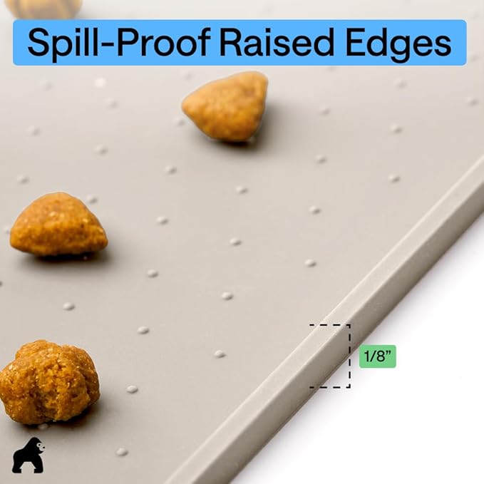 GORILLA GRIP 100% Waterproof Raised Edge BPA Free Silicone Pet Feeding Mat, Dog Cat Food Mats Contain Spills Protects Floors, Placemats for Cats and Dogs Water Bowl, Pets Accessories 16x10, Beige