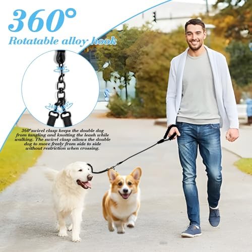 Dog Double Leashes,Rope Bungee Dual Leash with Padded Handle Removable for 2 Dogs,Tangle-Free, Padded Handles, 360° Swivel Control (Black, 2 Way) - Image 2
